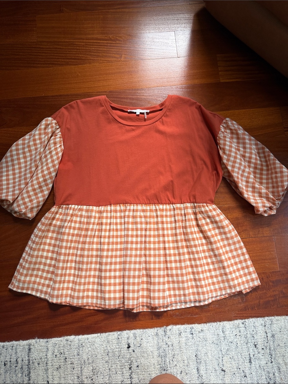 Woman’s Rust Orange Gingham Peplum Top -English factory (Anthropologie)
